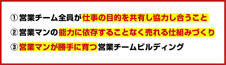 ①営業チーム全員が仕事の目的を共有し協力し合うこと②営業マンの能力に依存することなく売れる仕組みづくり③営業マンが勝手に育つ営業チームビルディング